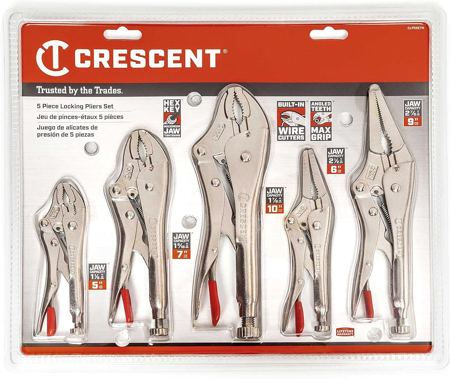 5 Piece 5 Inch, 7 Inch & 10 Inch Curved Jaw & 6 Inch & 9 Inch Long Nose Locking Pliers with Wire Cutter - CLP5SETN