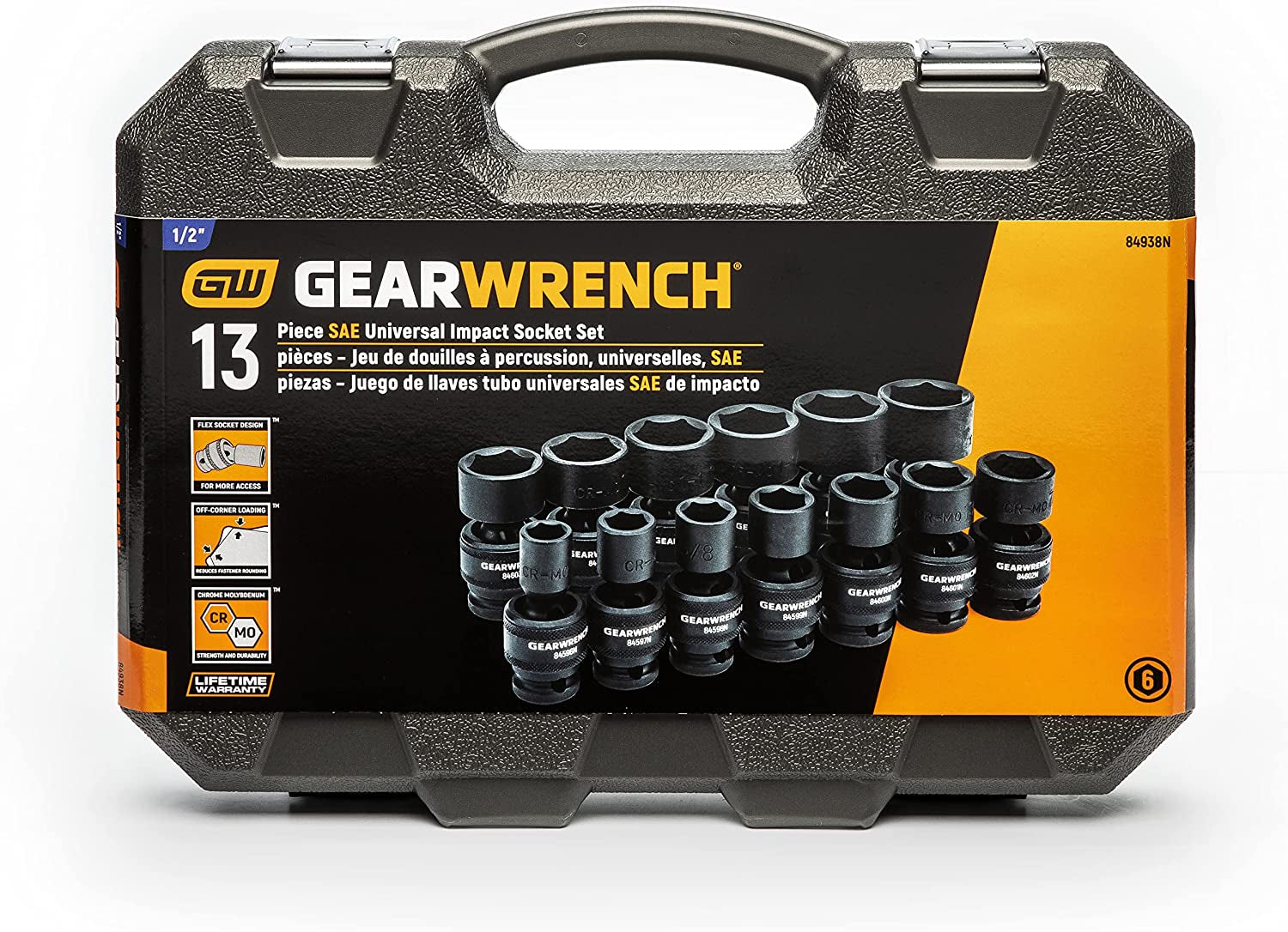 13 Pc. 1/2" Drive 6 Pt. Standard Universal Impact Socket Set, SAE - 84938N