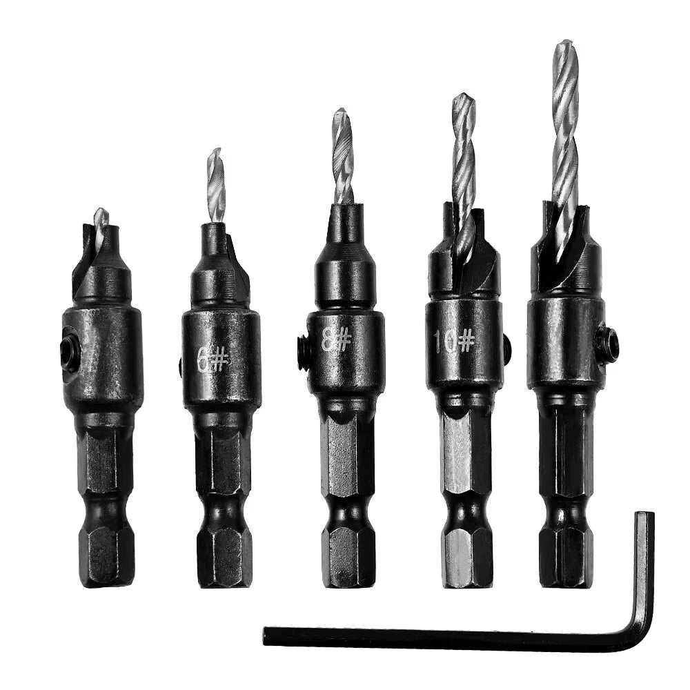 5Pc Woodworking Tapper Hexagon Shank Screw Countersunk Drill Bit Taper Drill Hole Drilling and Reaming Hardware Tool Set