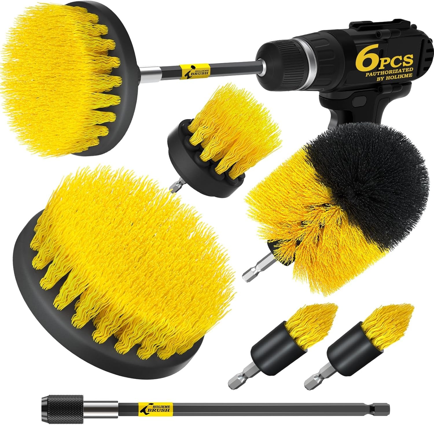 6Pack Cleaning Brush Power Scrubber Cleaning Brush Extended Long Attachment Set All Purpose Scrub Brushes Kit for Grout, Floor, Tub, Shower, Tile, Bathroom,Car Cleaning Brush，Yellow