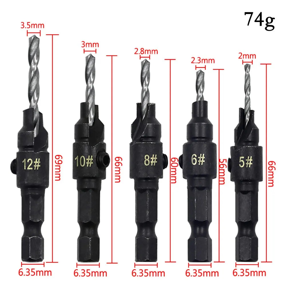 5Pc Woodworking Tapper Hexagon Shank Screw Countersunk Drill Bit Taper Drill Hole Drilling and Reaming Hardware Tool Set