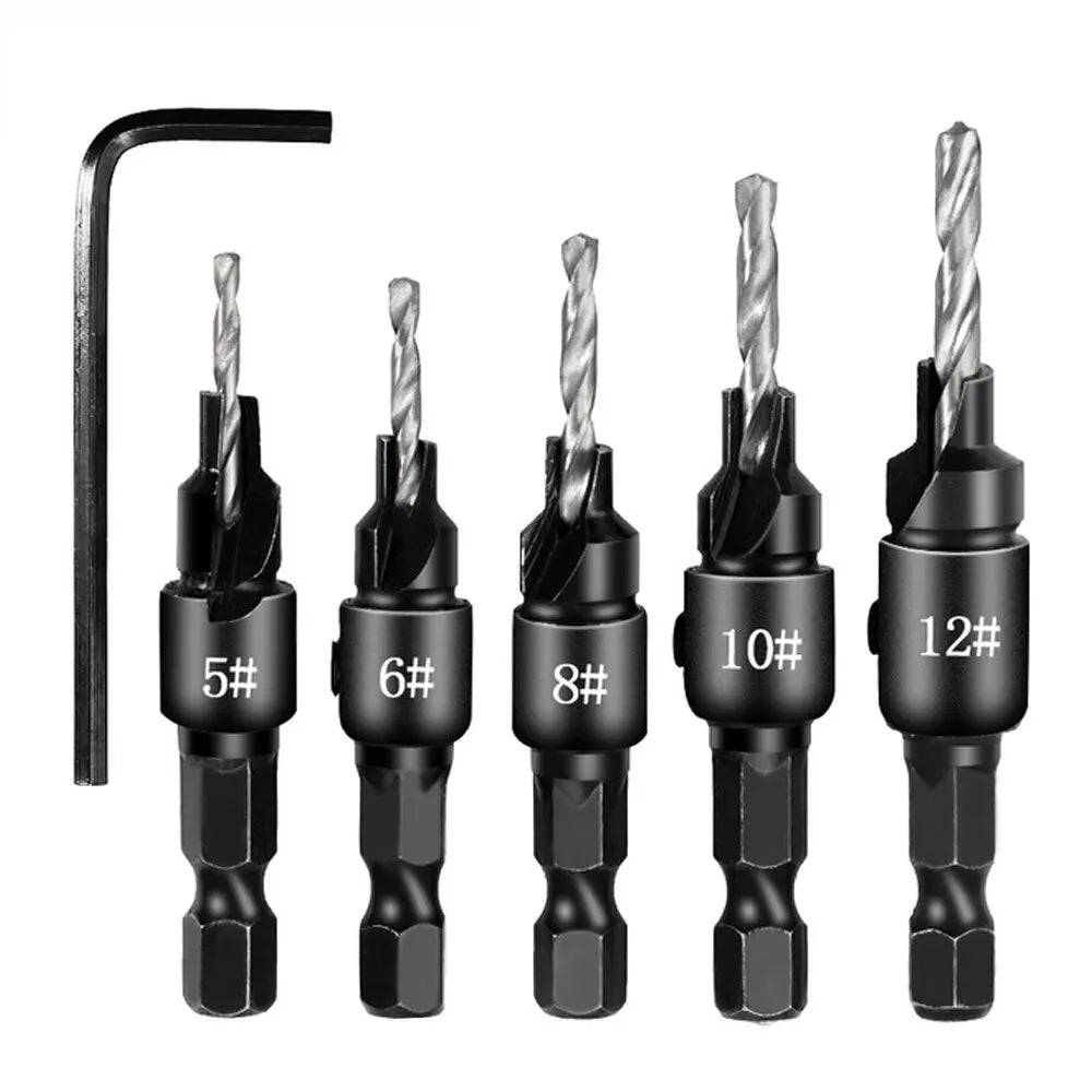 5Pc Woodworking Tapper Hexagon Shank Screw Countersunk Drill Bit Taper Drill Hole Drilling and Reaming Hardware Tool Set