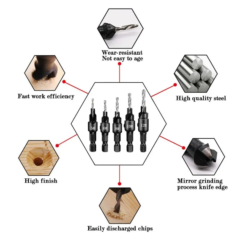 5Pc Woodworking Tapper Hexagon Shank Screw Countersunk Drill Bit Taper Drill Hole Drilling and Reaming Hardware Tool Set