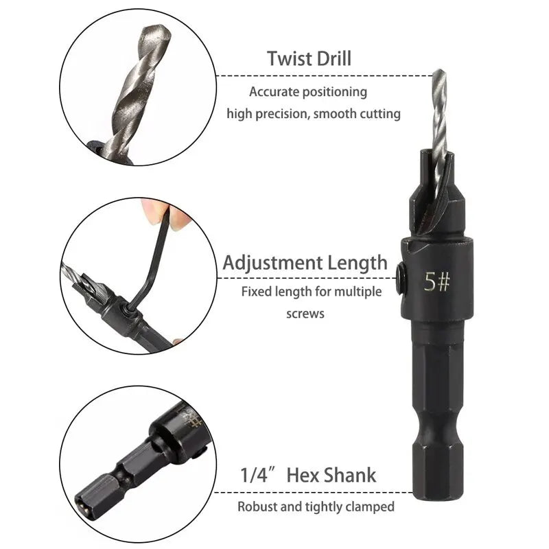 5Pc Woodworking Tapper Hexagon Shank Screw Countersunk Drill Bit Taper Drill Hole Drilling and Reaming Hardware Tool Set